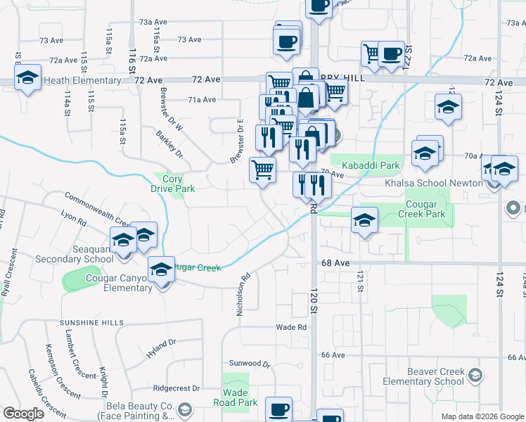 map of restaurants, bars, coffee shops, grocery stores, and more near 11895 Chateau Wynd in Delta