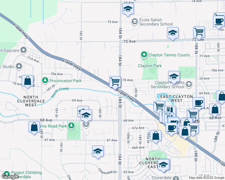 map of restaurants, bars, coffee shops, grocery stores, and more near 18368 Fraser Highway in Surrey