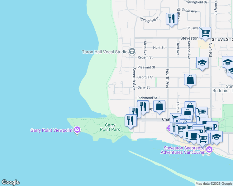 map of restaurants, bars, coffee shops, grocery stores, and more near 11491 Seventh Avenue in Richmond