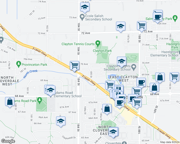 map of restaurants, bars, coffee shops, grocery stores, and more near 18470 70 Avenue in Surrey