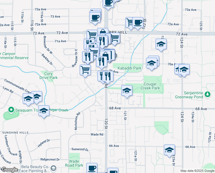 map of restaurants, bars, coffee shops, grocery stores, and more near 6950 120 Street in Surrey