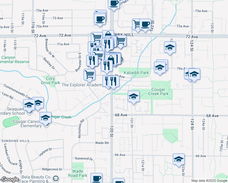 map of restaurants, bars, coffee shops, grocery stores, and more near 6950 120 Street in Surrey