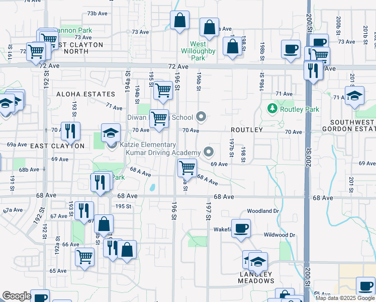 map of restaurants, bars, coffee shops, grocery stores, and more near 6938 196A Street in Langley City