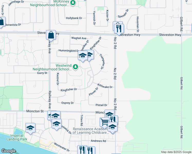 map of restaurants, bars, coffee shops, grocery stores, and more near 11540 Kingfisher Drive in Richmond