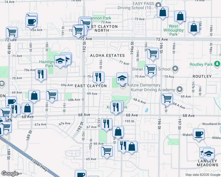 map of restaurants, bars, coffee shops, grocery stores, and more near 6956 193 Street in Surrey