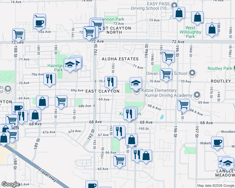 map of restaurants, bars, coffee shops, grocery stores, and more near 6956 193 Street in Surrey