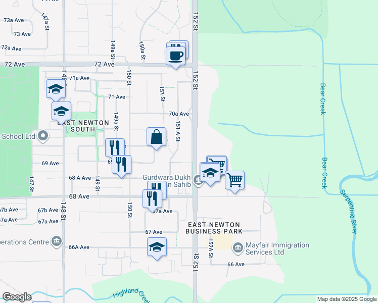 map of restaurants, bars, coffee shops, grocery stores, and more near 6935 152 Street in Surrey