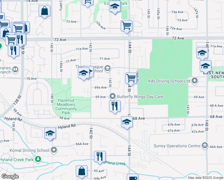 map of restaurants, bars, coffee shops, grocery stores, and more near 14312 69A Avenue in Surrey