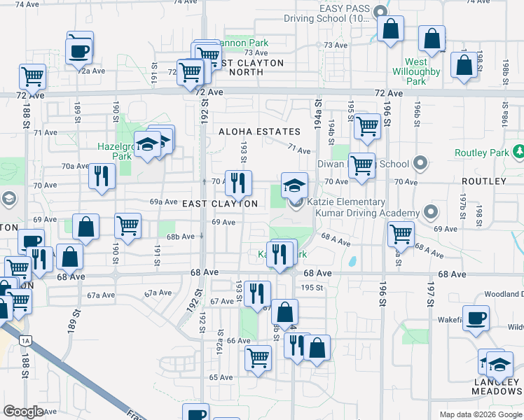 map of restaurants, bars, coffee shops, grocery stores, and more near 6956 193 Street in Surrey