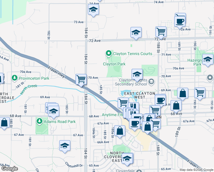 map of restaurants, bars, coffee shops, grocery stores, and more near 18522 70 Avenue in Surrey