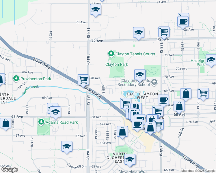 map of restaurants, bars, coffee shops, grocery stores, and more near 18522 70 Avenue in Surrey