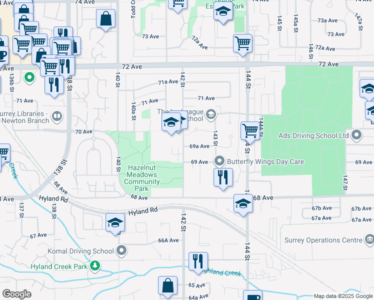 map of restaurants, bars, coffee shops, grocery stores, and more near 14218 69A Avenue in Surrey