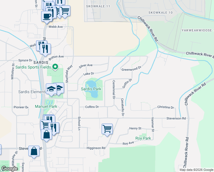 map of restaurants, bars, coffee shops, grocery stores, and more near 6970 Centennial Drive in Chilliwack