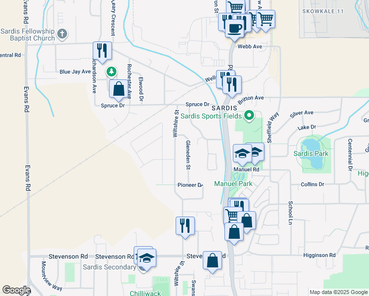 map of restaurants, bars, coffee shops, grocery stores, and more near 6951 Gleneden Street in Chilliwack