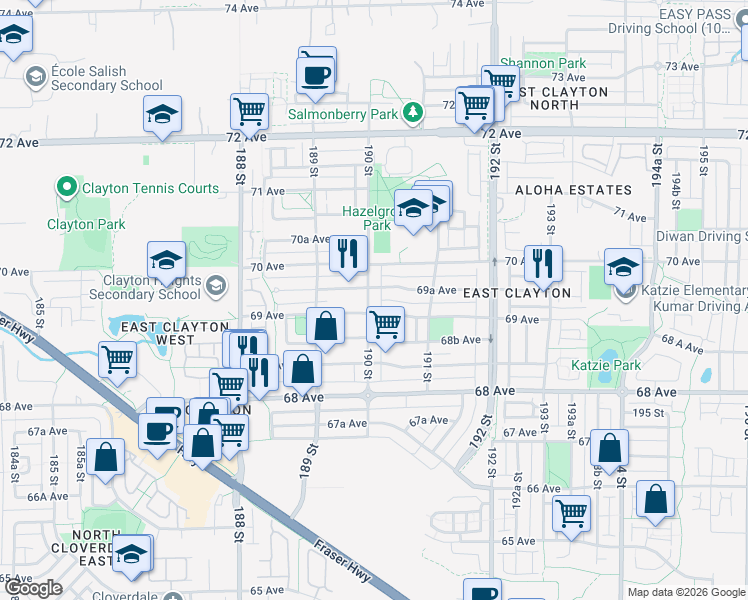 map of restaurants, bars, coffee shops, grocery stores, and more near 6926 190 Street in Surrey