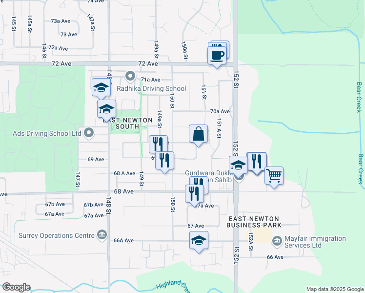 map of restaurants, bars, coffee shops, grocery stores, and more near 15028 69A Avenue in Surrey