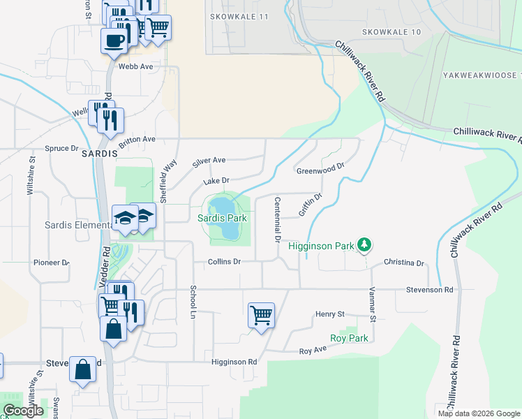 map of restaurants, bars, coffee shops, grocery stores, and more near 6970 Centennial Drive in Chilliwack