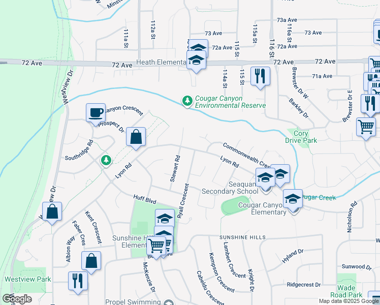 map of restaurants, bars, coffee shops, grocery stores, and more near 6947 Ryall Crescent in Delta