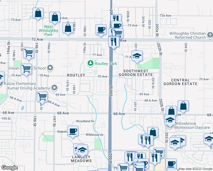 map of restaurants, bars, coffee shops, grocery stores, and more near 19938 70 Avenue in Langley