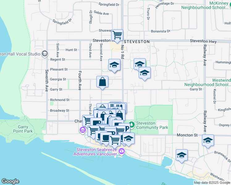 map of restaurants, bars, coffee shops, grocery stores, and more near 3880 Garry Street in Richmond