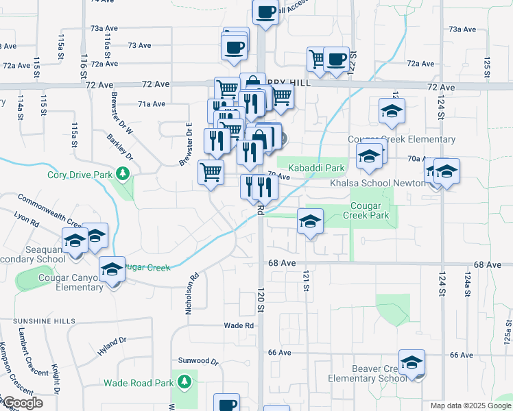 map of restaurants, bars, coffee shops, grocery stores, and more near 6935 120 Street in Delta