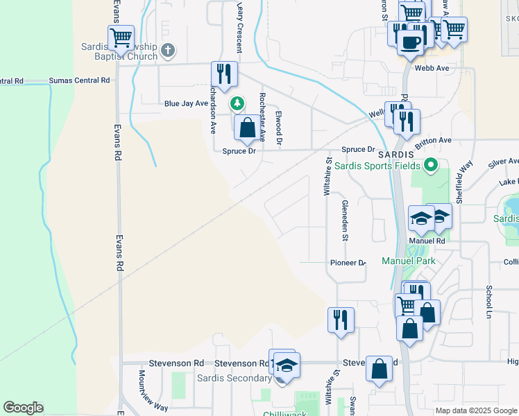 map of restaurants, bars, coffee shops, grocery stores, and more near 6990 Coach Lamp Drive in Chilliwack