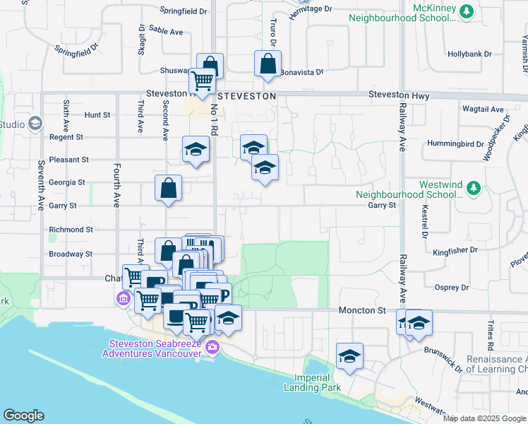 map of restaurants, bars, coffee shops, grocery stores, and more near 4220 Garry Street in Richmond