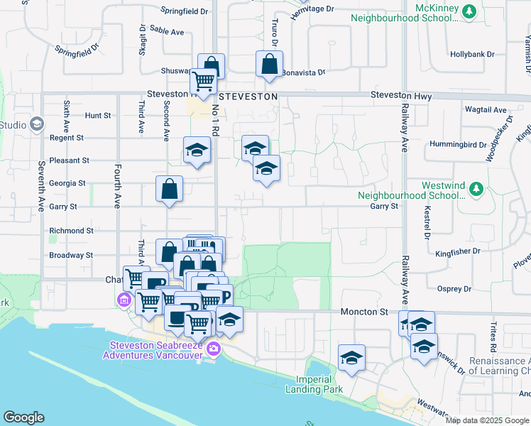 map of restaurants, bars, coffee shops, grocery stores, and more near 4220 Garry Street in Richmond