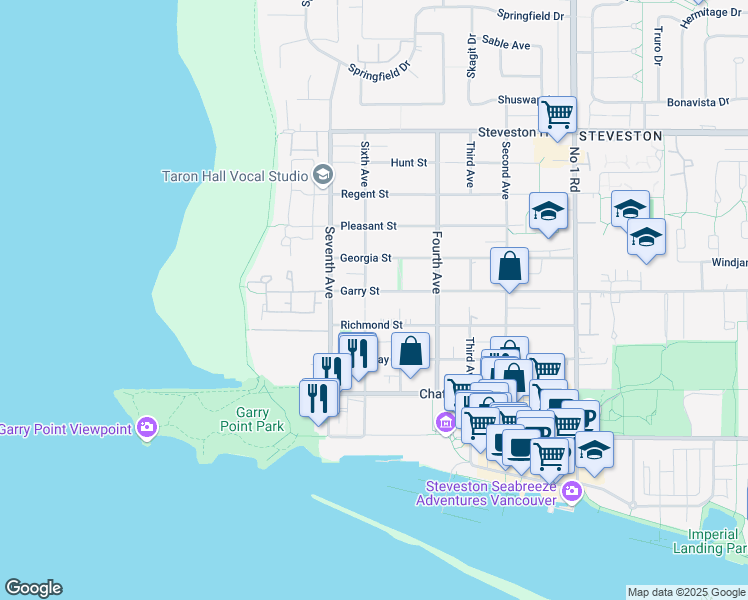 map of restaurants, bars, coffee shops, grocery stores, and more near 3128 Garry Street in Richmond