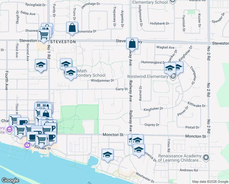 map of restaurants, bars, coffee shops, grocery stores, and more near 4808 Garry Street in Richmond