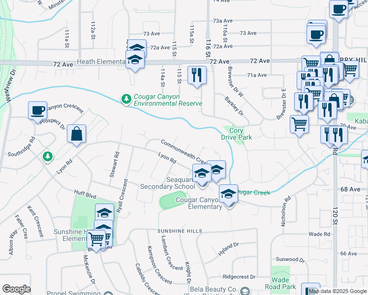 map of restaurants, bars, coffee shops, grocery stores, and more near 11515 Commonwealth Crescent in Delta