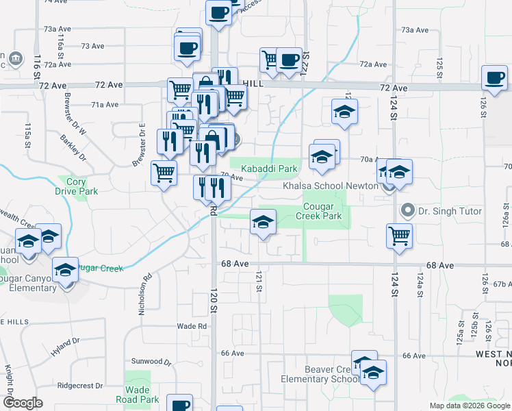 map of restaurants, bars, coffee shops, grocery stores, and more near 6950 120 Street in Surrey
