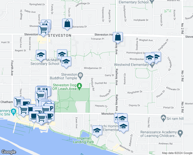 map of restaurants, bars, coffee shops, grocery stores, and more near 4546 Garry Street in Richmond