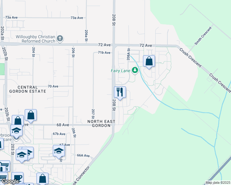 map of restaurants, bars, coffee shops, grocery stores, and more near 6956 208 Street in Langley