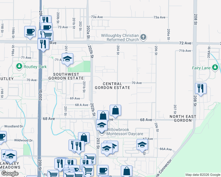 map of restaurants, bars, coffee shops, grocery stores, and more near 6961 204 Street in Langley
