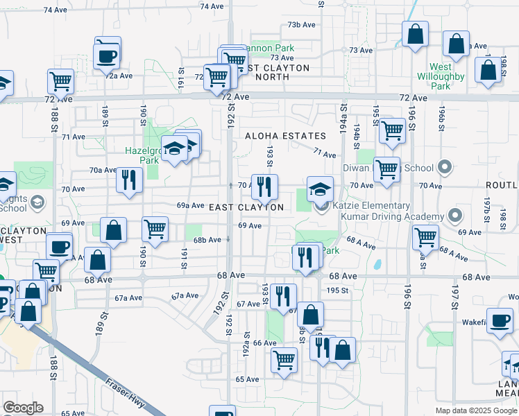 map of restaurants, bars, coffee shops, grocery stores, and more near in Surrey