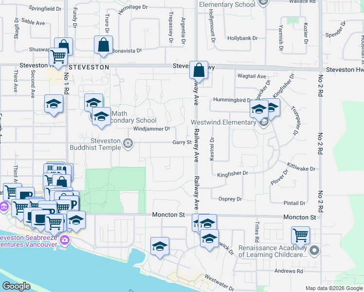 map of restaurants, bars, coffee shops, grocery stores, and more near 4880 Garry Street in Richmond