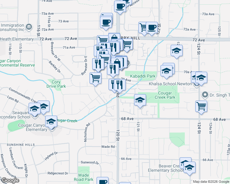 map of restaurants, bars, coffee shops, grocery stores, and more near 6935 120 Street in Delta