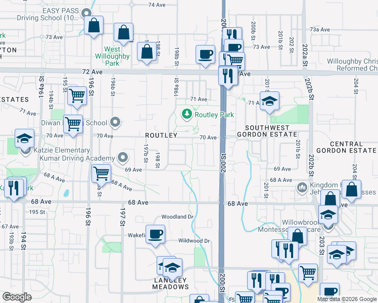 map of restaurants, bars, coffee shops, grocery stores, and more near 6962 198B Street in Langley