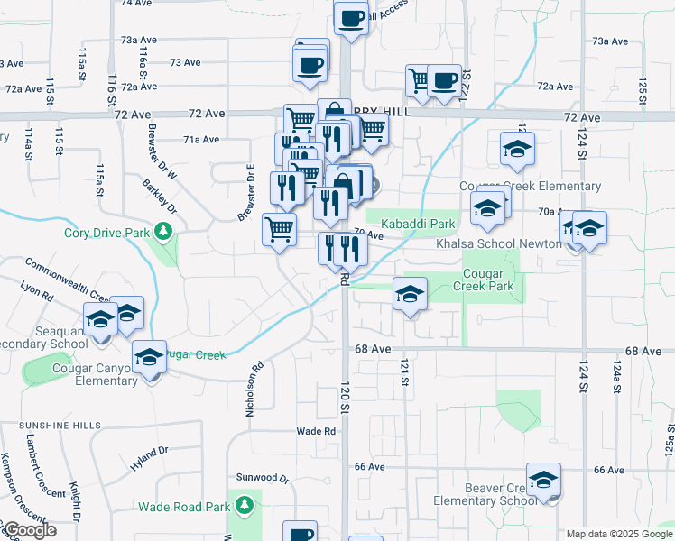 map of restaurants, bars, coffee shops, grocery stores, and more near 6935 120 Street in Delta