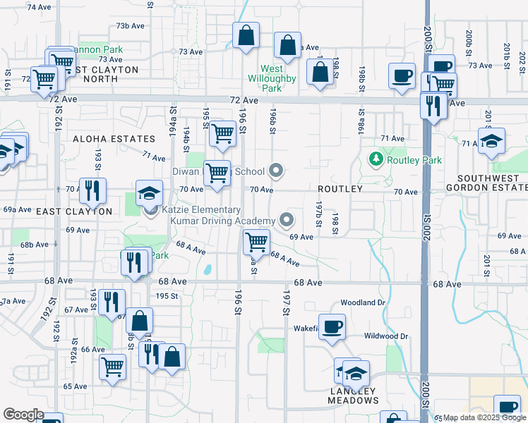 map of restaurants, bars, coffee shops, grocery stores, and more near 6951 196B Street in Langley