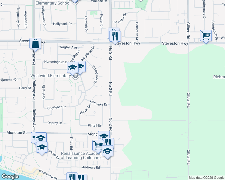 map of restaurants, bars, coffee shops, grocery stores, and more near 11551 Number 2 Road in Richmond