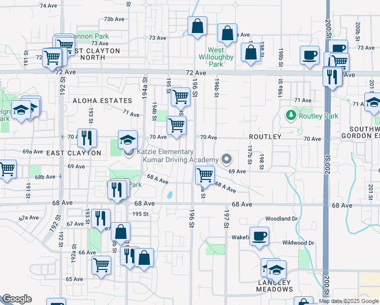 map of restaurants, bars, coffee shops, grocery stores, and more near 6951 196 Street in Surrey