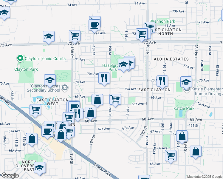 map of restaurants, bars, coffee shops, grocery stores, and more near 6942 190 Street in Surrey