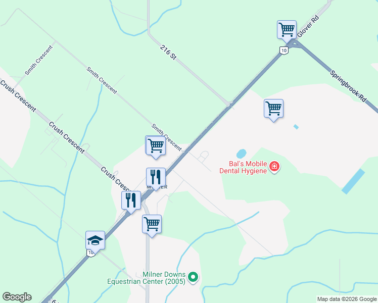 map of restaurants, bars, coffee shops, grocery stores, and more near 6968 Glover Road in Langley