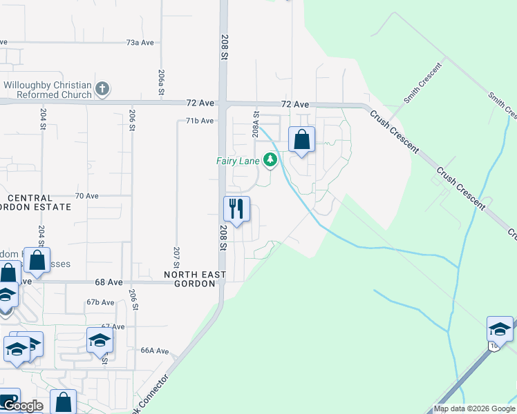 map of restaurants, bars, coffee shops, grocery stores, and more near 8233 208B Street in Langley