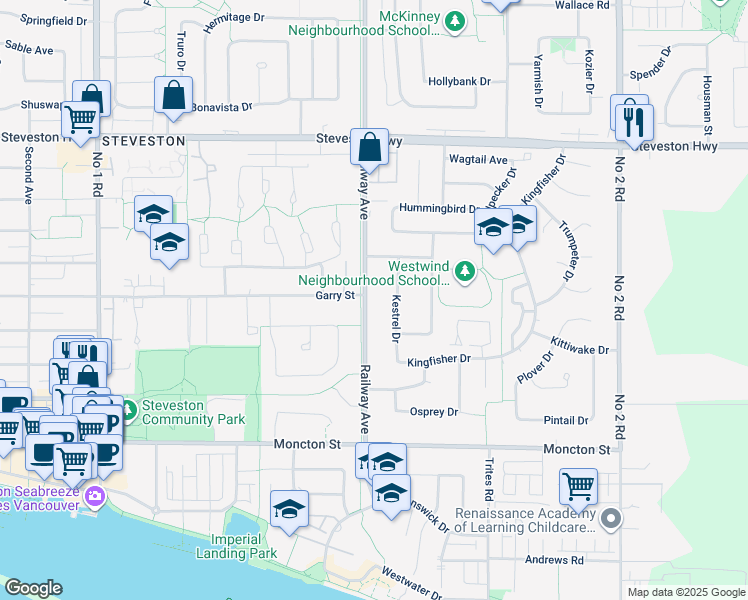 map of restaurants, bars, coffee shops, grocery stores, and more near 11486 Railway Avenue in Richmond