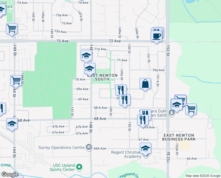 map of restaurants, bars, coffee shops, grocery stores, and more near 69A Avenue in Surrey