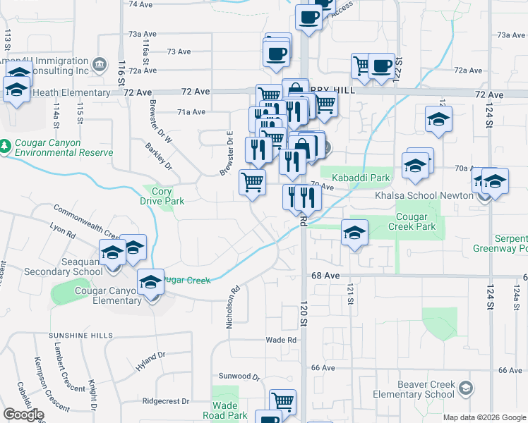 map of restaurants, bars, coffee shops, grocery stores, and more near 6950 Nicholson Road in Delta