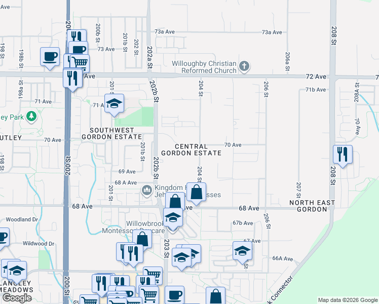 map of restaurants, bars, coffee shops, grocery stores, and more near 6983 204 Street in Langley